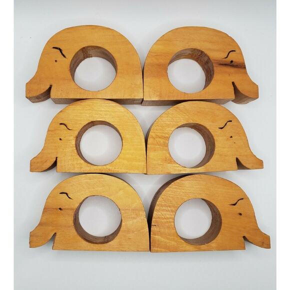 Wood Carved Elephant Napkin Rings Holders 6 pc set Boho Kitschy Kitchen Dinning - Picture 2 of 6